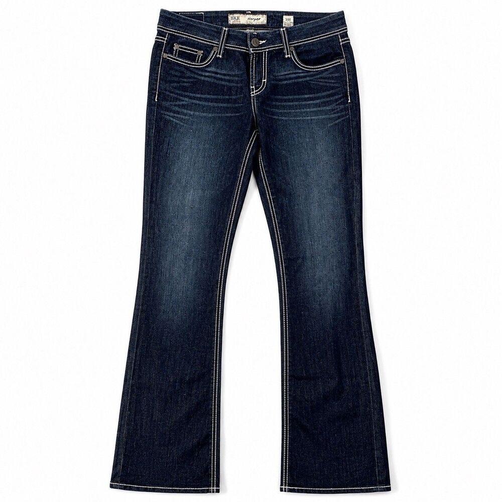 BKE Buckle Harper Jeans Womens 29x33.5 Dark Wash White Stitch Bootcut Y2K
